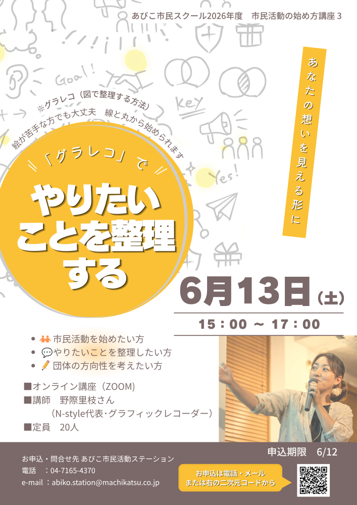 【市民活動の始め方講座】　第3回　「グラレコ」でやりたいことを整理する（無料：オンライン）